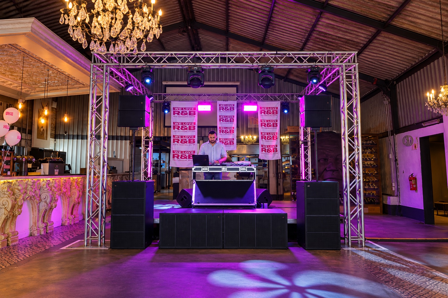 Sound system and stage setup for We Love RNB at Grand Africa Café and Beach